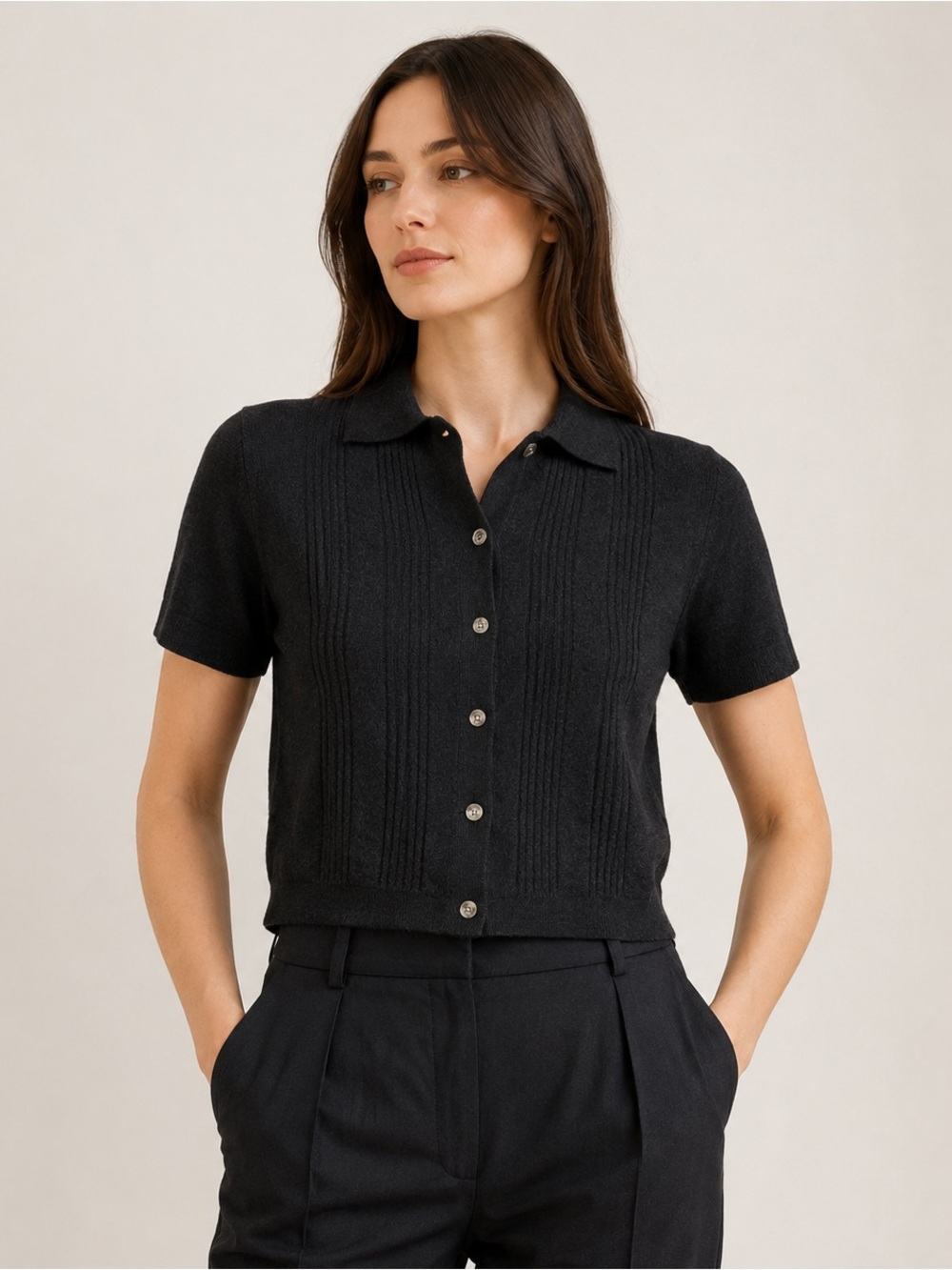 Christian Lacroix Women’s M Black Merino Wool Short Sleeve Knit Cardigan Polo
